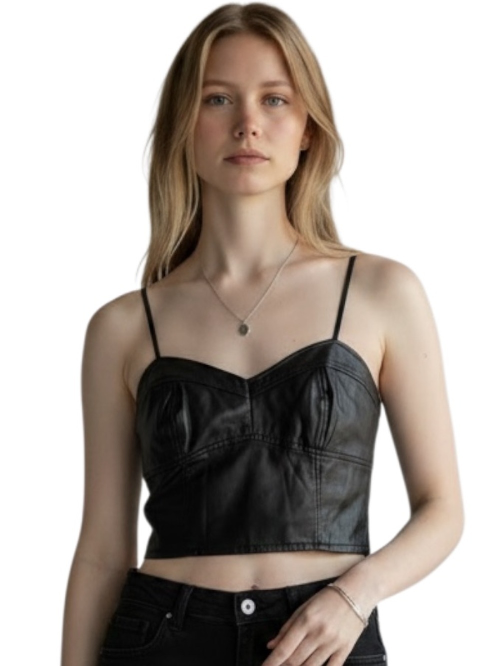 Black Faux Leather Corset Top Smocked Cropped Camisole Bustier Women's Large
